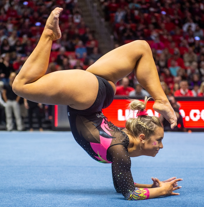 (Rick Egan  |  The Salt Lake Tribune)  Sydney Soloski competes on the floor, in PAC-12 Gymnastics action between the Utes and The California Golden Bears, in the Jon M. Huntsman Center, in Salt Lake CIty, Saturday, Feb. 9, 2019.


