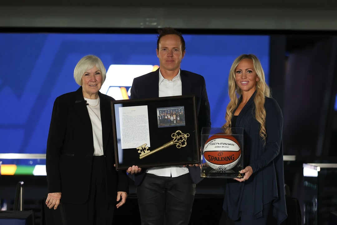 (Photo courtesy Utah Jazz/Melissa Majchrzak) Gail Miller stands with Ryan and Ashley Smith during a news conference on October 28, 2020, where it was announced the Smiths are buying the Jazz and other parts of the Miller's sports and entertainment businesses.