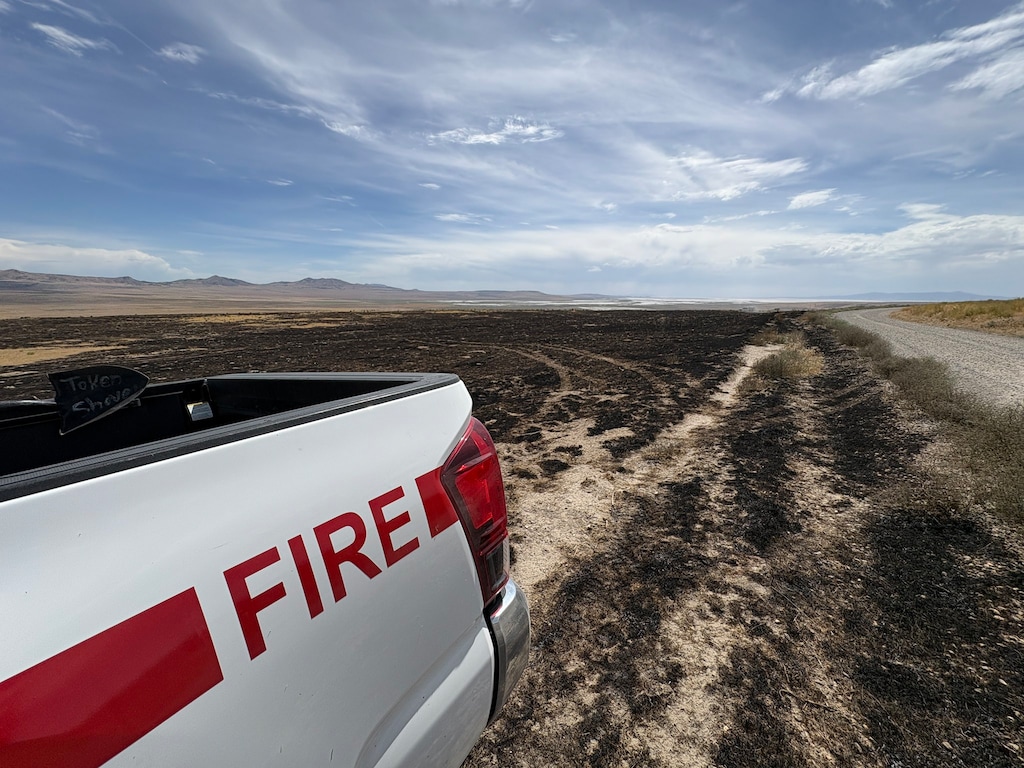 (Utah Fire Info) Land scorched by the Salt Wells Fire burning in Box Elder County's Hansel Valley, where the Stratos data center and energy campus is planned.