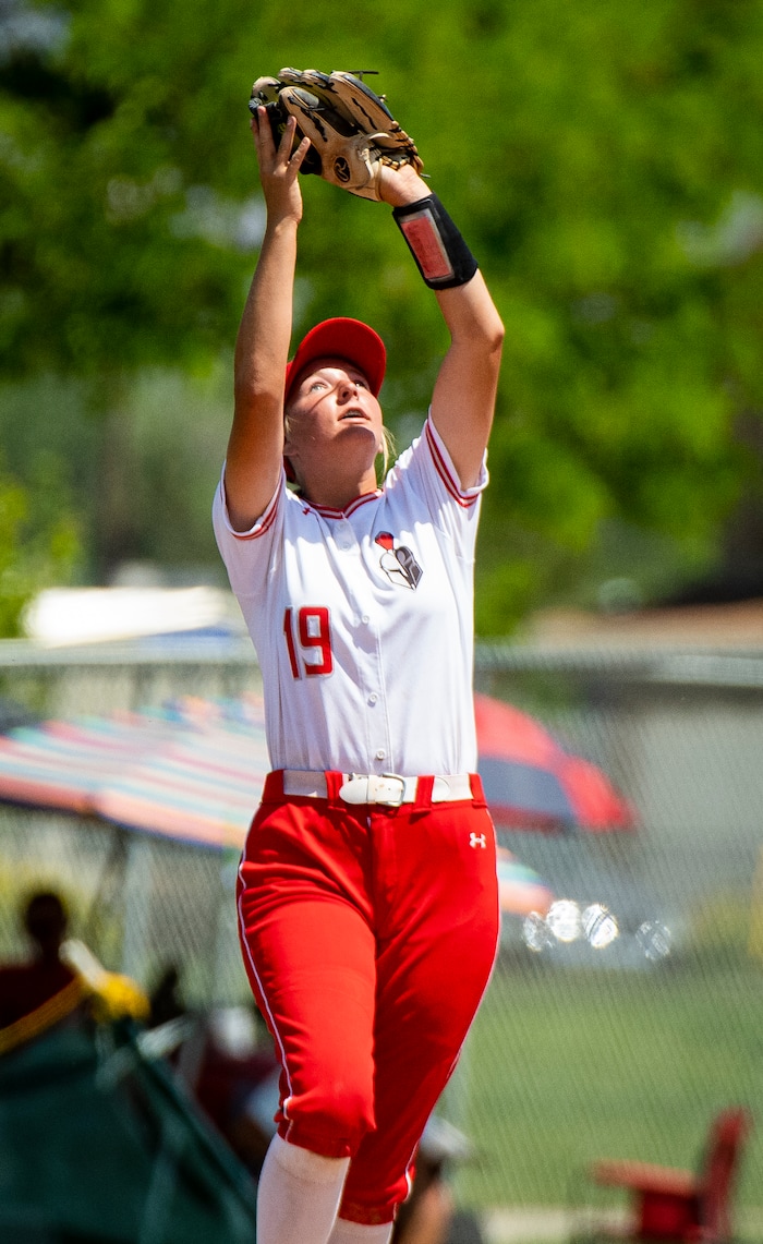 (Isaac Hale | Special to The Tribune) Mountain Ridge outfielder Mychaela McClanahan (19) makes a catch during the second game of a best-of-three series between the Spanish Fork Lady Dons and the Mountain Ridge Sentinels as part of the 5A state softball championship held at the Spanish Fork Sports Park on Friday, May 28, 2021.
