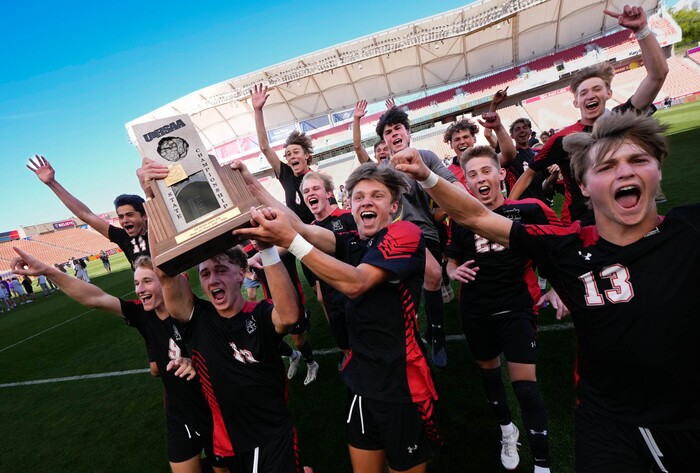 (Francisco Kjolseth | The Salt Lake Tribune) Alta celebrates their 5A State Soccer Championship title over Lehi at Rio Tinto Stadium, Wednesday, May 25, 2022. Alta defeated Lehi in shootout 3-1.