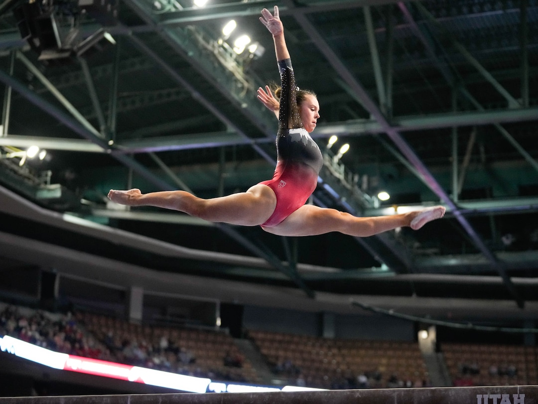 (Francisco Kjolseth | The Salt Lake Tribune) Utah’s Maile O’Keefe performs on the beam at the Best of Utah NCAA Gymnastics Meet at the Maverik Center in West Valley City on Friday, Jan. 7, 2022.