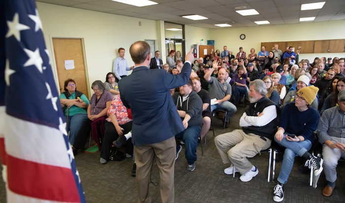 (Keith Johnson  |  for The Salt Lake Tribune) Newly elected Utah Congressman Ben McAdams, representing Utah's 4th District, takes questions during a town hall meeting at the Redwood Recreational Center in West Valley City, Utah on Jan. 19, 2019. McAdams held the town hall meeting to make good on a promise to be more accessible to constituents, a criticism he leveled against former congresswoman Mia Love during McAdam's campaign. 