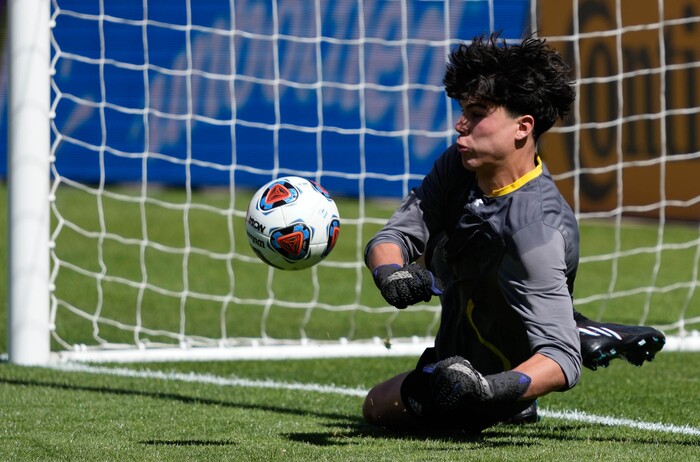 (Francisco Kjolseth | The Salt Lake Tribune) Alta goalie Thiago Moreira (1) makes a clutch save during the 5A State Soccer Championship title game over Lehi at Rio Tinto Stadium, Wednesday, May 25, 2022. Alta defeated Lehi in shootout 3-1.