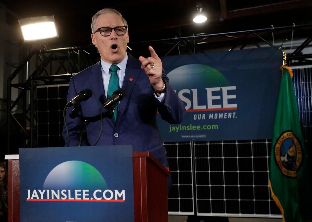 Washington Gov. Jay Inslee speaks, Friday, March 1, 2019, during a campaign event at A&R Solar in Seattle. Inslee announced that he will seek the 2020 Democratic presidential nomination, mixing calls for combating climate change and highlights of his liberal record with an aggressive critique of President Donald Trump. (AP Photo/Ted S. Warren)