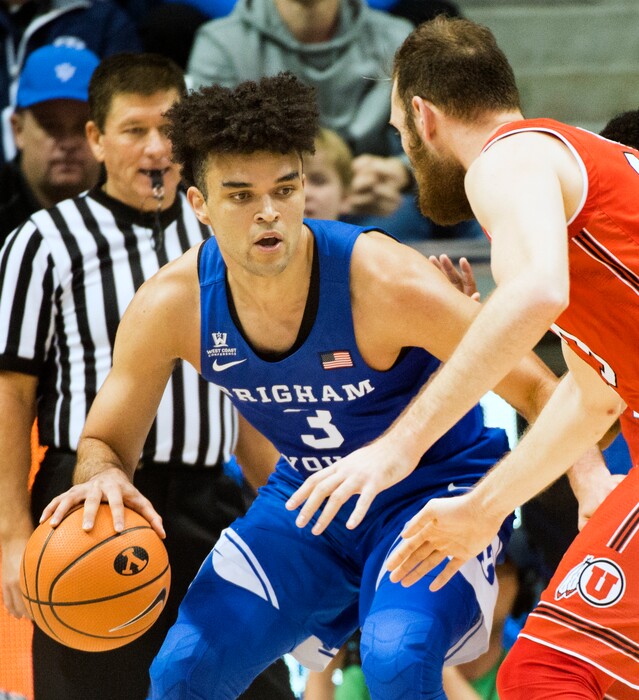 (Rick Egan  |  The Salt Lake Tribune)   Utah Utes forward David Collette (13) guards Brigham Young Cougars guard Elijah Bryant (3), in basketball action, Utah Utes vs. Brigham Young Cougars at the Marriott Center in Provo, Saturday, Dec. 15, 2017.