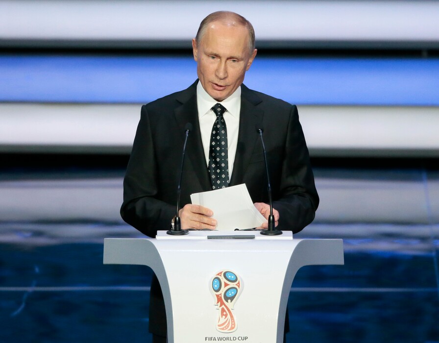 Russian President Vladimir Putin speaks at the 2018 soccer World Cup draw in the Kremlin in Moscow, Friday, Dec. 1, 2017. (AP Photo/Ivan Sekretarev)