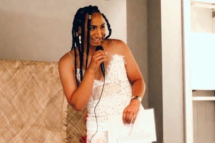 (Photo courtesy of Moana Palelei HoChing) Reina Kapiolani Pahulu reads her work at a Pasifika First Friday event in June 2019. She credits the events for encouraging her to openly share her poetry.