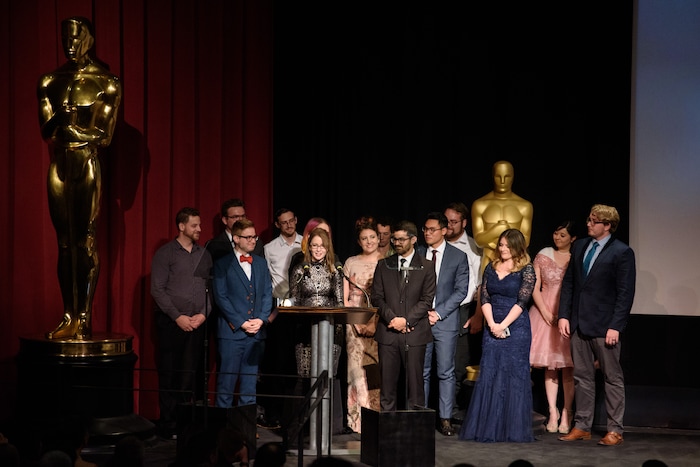 (Photo courtesy of Valerie Durant | AMPAS) Kalee McCollaum, director of the animated short film "Grendel," calls up her Brigham Young University crew members as she accepts the Student Academy Award Gold Medal, in a ceremony in Beverly Hills, Calif, on Thursday, Oct. 17, 2019. The film was made by students at BYU's Center for Animation.