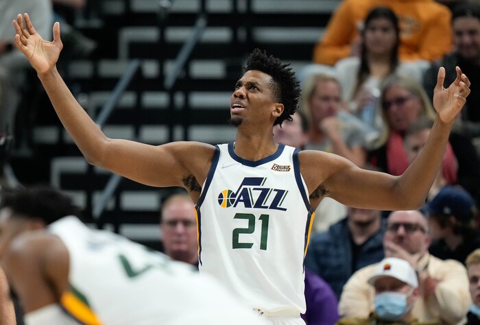 (Francisco Kjolseth | The Salt Lake Tribune) Utah Jazz center Hassan Whiteside (21) throws his arms up in disbelief after getting a personal fowl called against him in NBA action between the Utah Jazz and the LA Clippers at Vivint Smart Home Arena in Salt Lake City, Wednesday, Dec. 15, 2021.