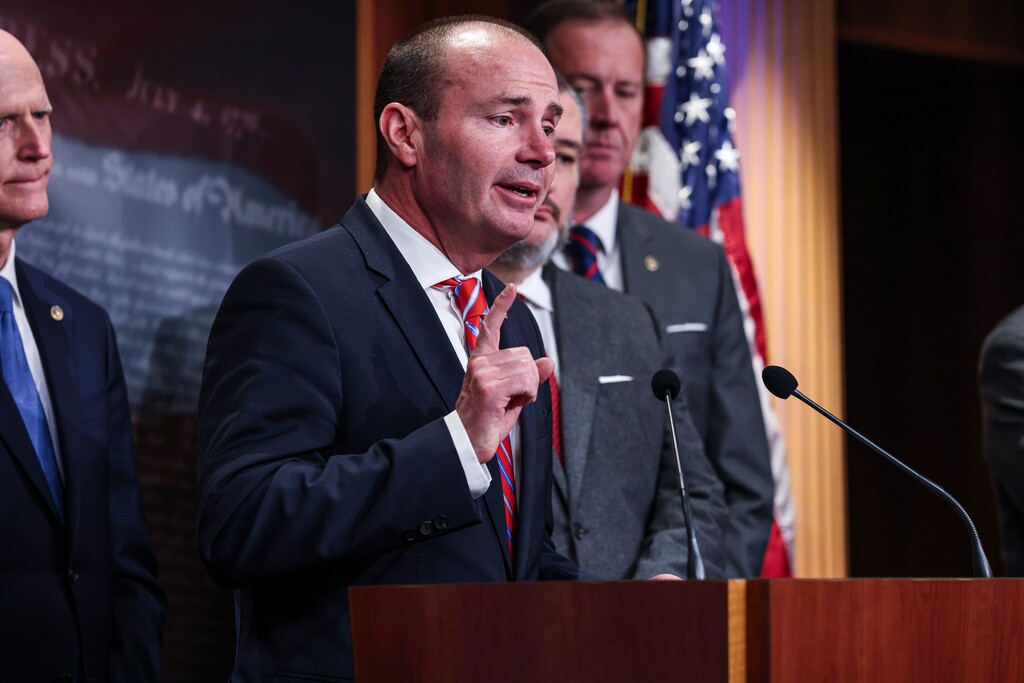(Valerie Plesch | The New York Times) Sen. Mike Lee, R-Utah, speaks during a news conference with other Senate Republicans criticizing the current border security bill being negotiated on Capitol Hill in Washington, Jan. 24, 2024.