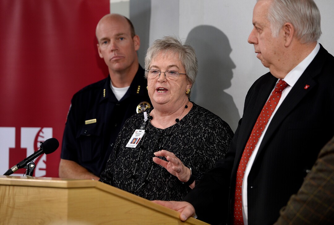 (Scott Sommerdorf   |  The Salt Lake Tribune)   Margaret Pearce, Chief of Nursing, speaks at a press conference held at the U of U Medical Center regarding policy changes resulting from the arrest of nurse Alex Wubbels, Monday, September 4, 2017. At left is Dale Brophy, University Chief of Police, and director of public safety, and at right is Gordon Crabtree, CEO of University of Utah Hospital.