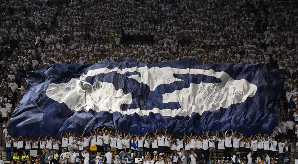 (Francisco Kjolseth  |  The Salt Lake Tribune)  The BYU student section cheers on their team during the NCAA college football game, Saturday, Sept. 8, 2018, at LaVell Edwards stadium in Provo, Utah against California.