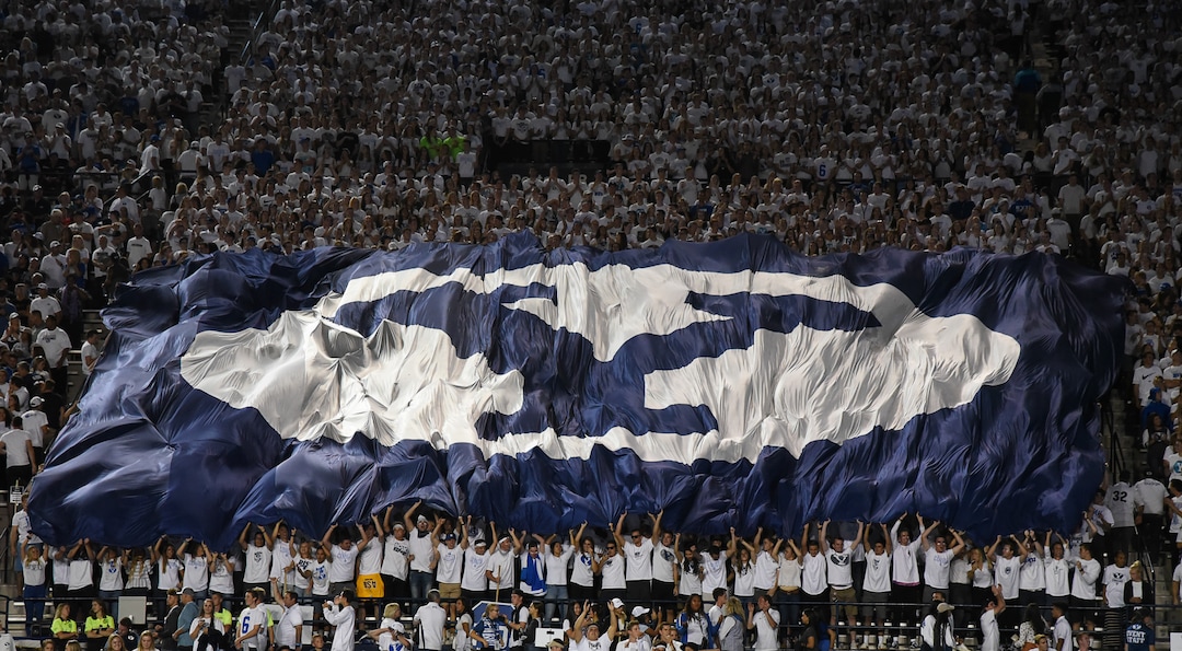 (Francisco Kjolseth  |  The Salt Lake Tribune)  The BYU student section cheers on their team during the NCAA college football game, Saturday, Sept. 8, 2018, at LaVell Edwards stadium in Provo, Utah against California.