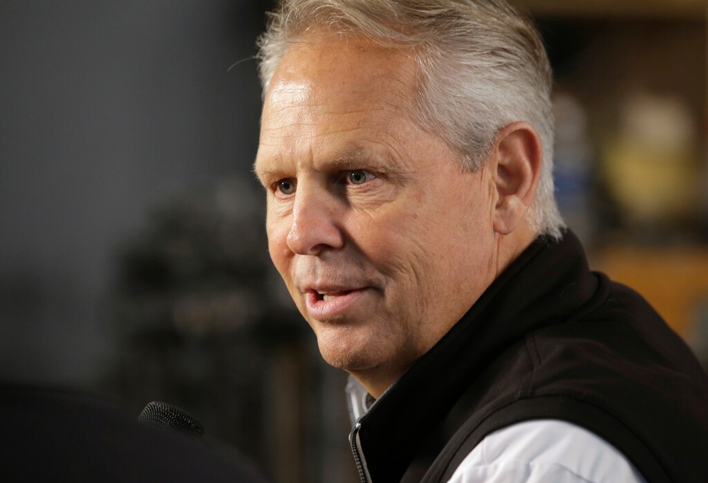 FILE - In this Sept. 25, 2017, file photo, former Boston Celtics general manager Danny Ainge speaks with members of the media during NBA basketball media day Monday,, in Canton, Mass. Ainge attended a BYU women's basketball game and spoke to a couple of Cougars wide receivers, complimenting them on their talents. (AP Photo/Steven Senne, File)