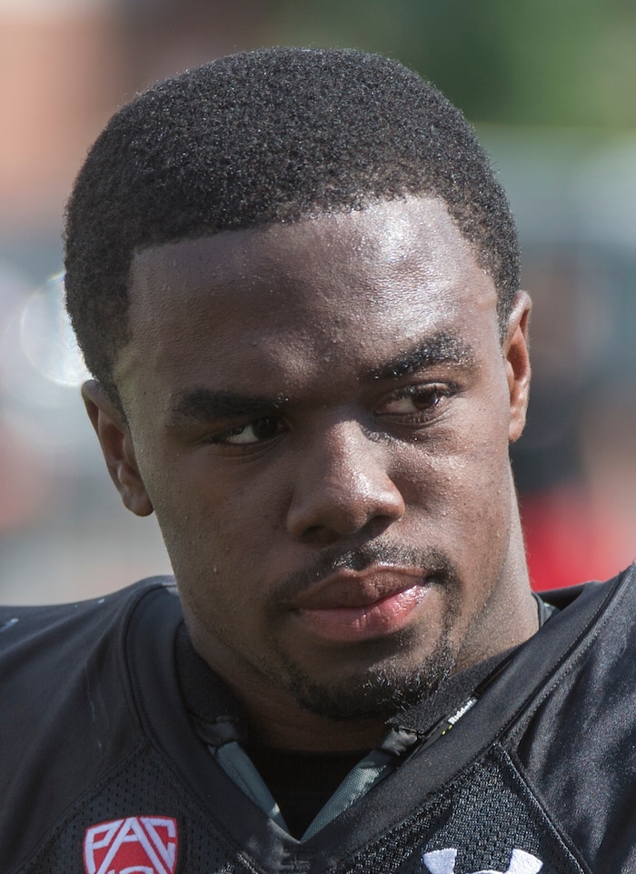 (Rick Egan  |  The Salt Lake Tribune)  University of Utah linebacker, Javelin Guidry (28), talks to the media after football practice, Monday, July 31, 2017.


