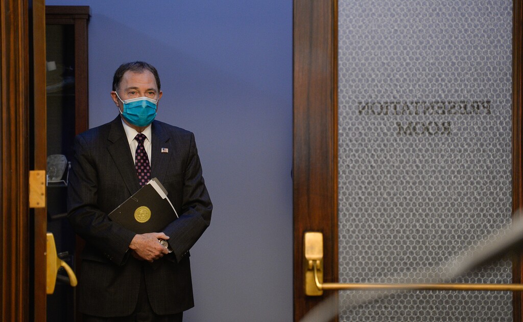 (Francisco Kjolseth  |  Tribune file photo) Gov. Gary Herbert wears a face mask during the daily COVID-19 media briefing at the Capitol in Salt Lake City on Wednesday, April 8, 2020.