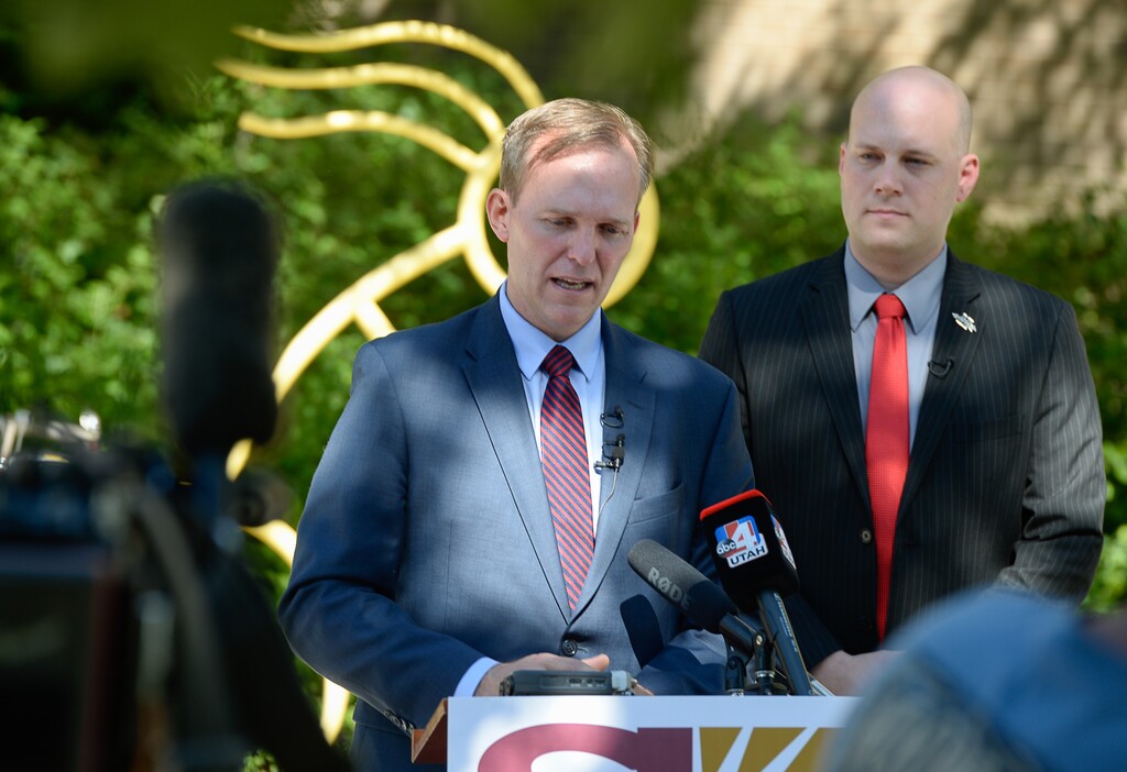 (Francisco Kjolseth | The Salt Lake Tribune) Salt Lake County Mayor Ben McAdams, center, holds a news conference at the Salt Lake County Government Complex on Friday, June 15, 2018, to announce a full veto of the Olympia Hills high-density development project in Herriman. McAdams was joined by Herriman Mayor David Watts, who took questions from the media.