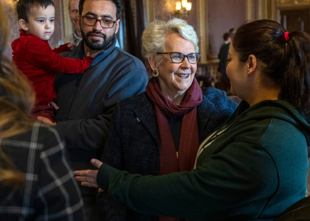 (Rick Egan | The Salt Lake Tribune) Rep. Carol Spackman Moss talks to Afghan refugee, Saida Emami, in the gold Room at the Capitol, during a news conference for "Afghan Day on the Hill" on Wednesday, Feb. 23, 2022.
