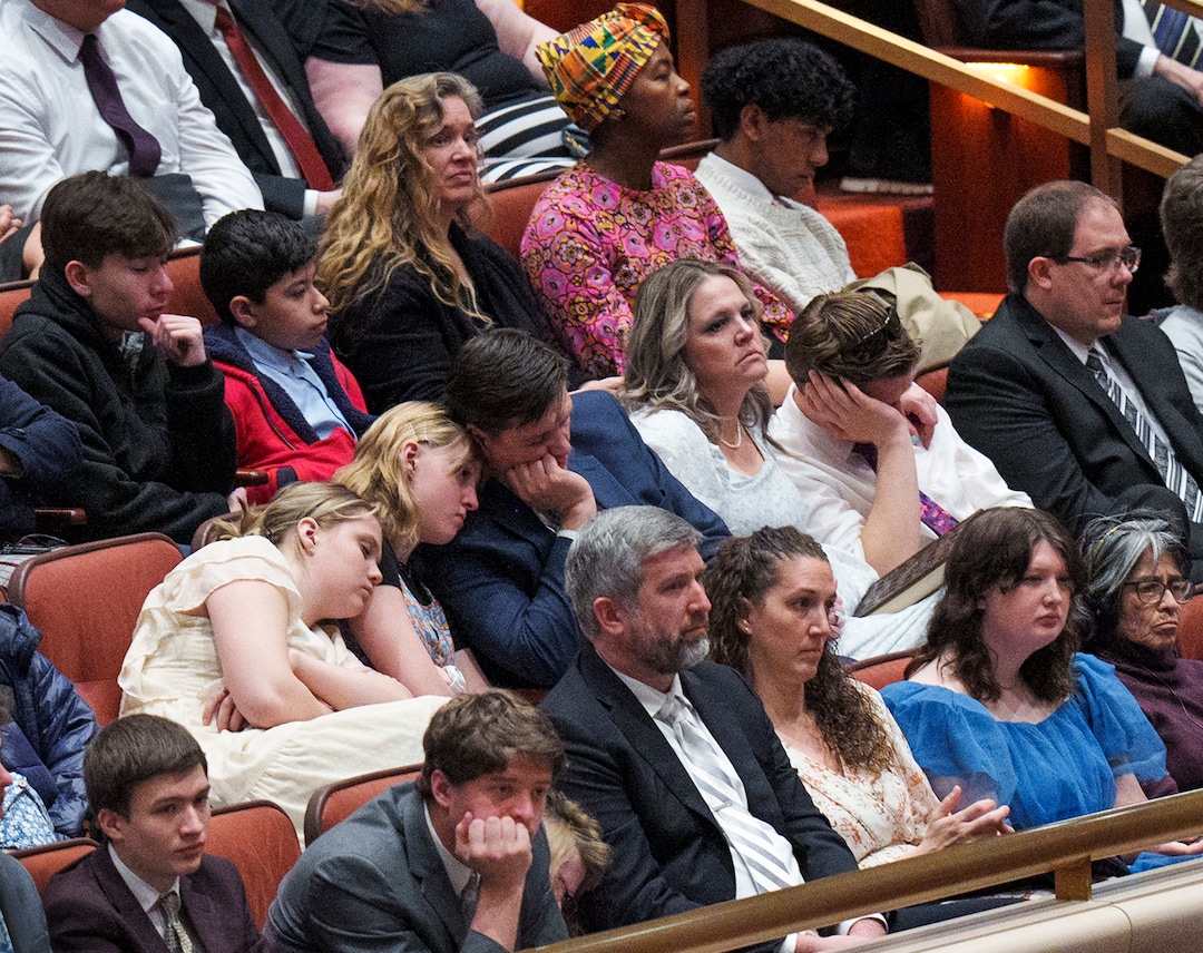 (Leah Hogsten | The Salt Lake Tribune) Members of The Church of Jesus Christ of Latter-day Saints listen and, ins some cases, rest during the morning session of General Conference on Saturday, April 1, 2023.
