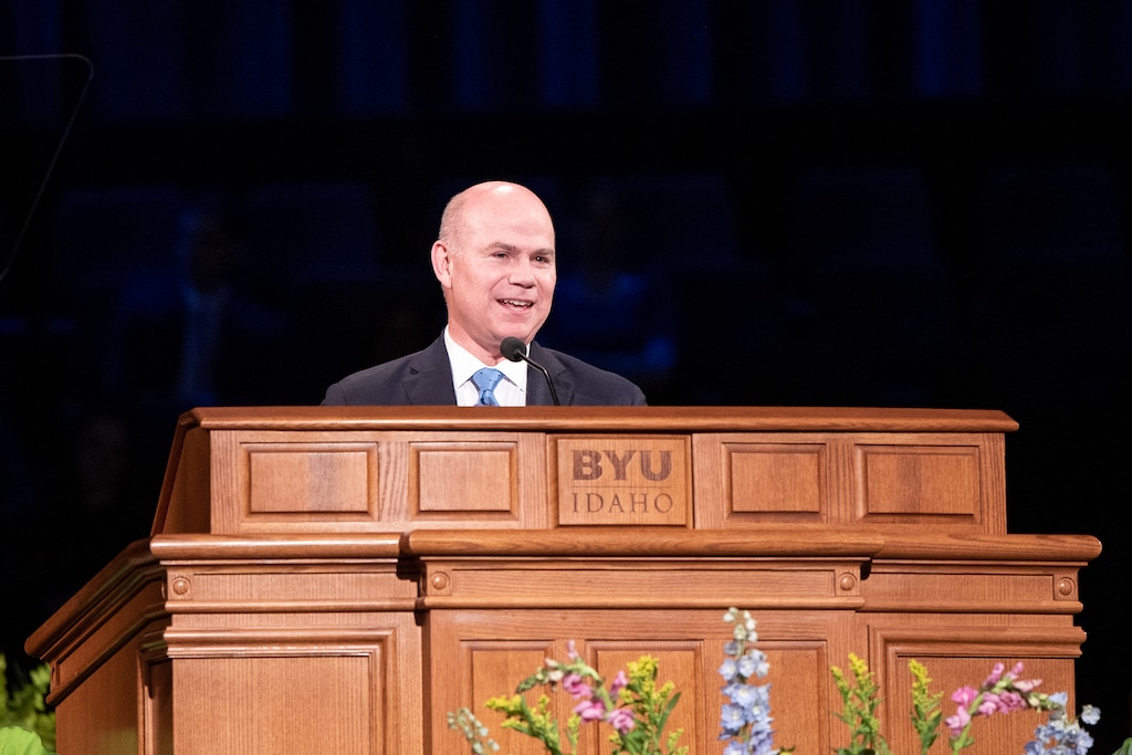 (The Church of Jesus Christ of Latter-day Saints)
Alvin F. Meredith III speaks to students in the Brigham Young University–Idaho Center on Tuesday, May 16, 2023. Moments before this, he was named the school’s new president, effective Aug.1, 2023.