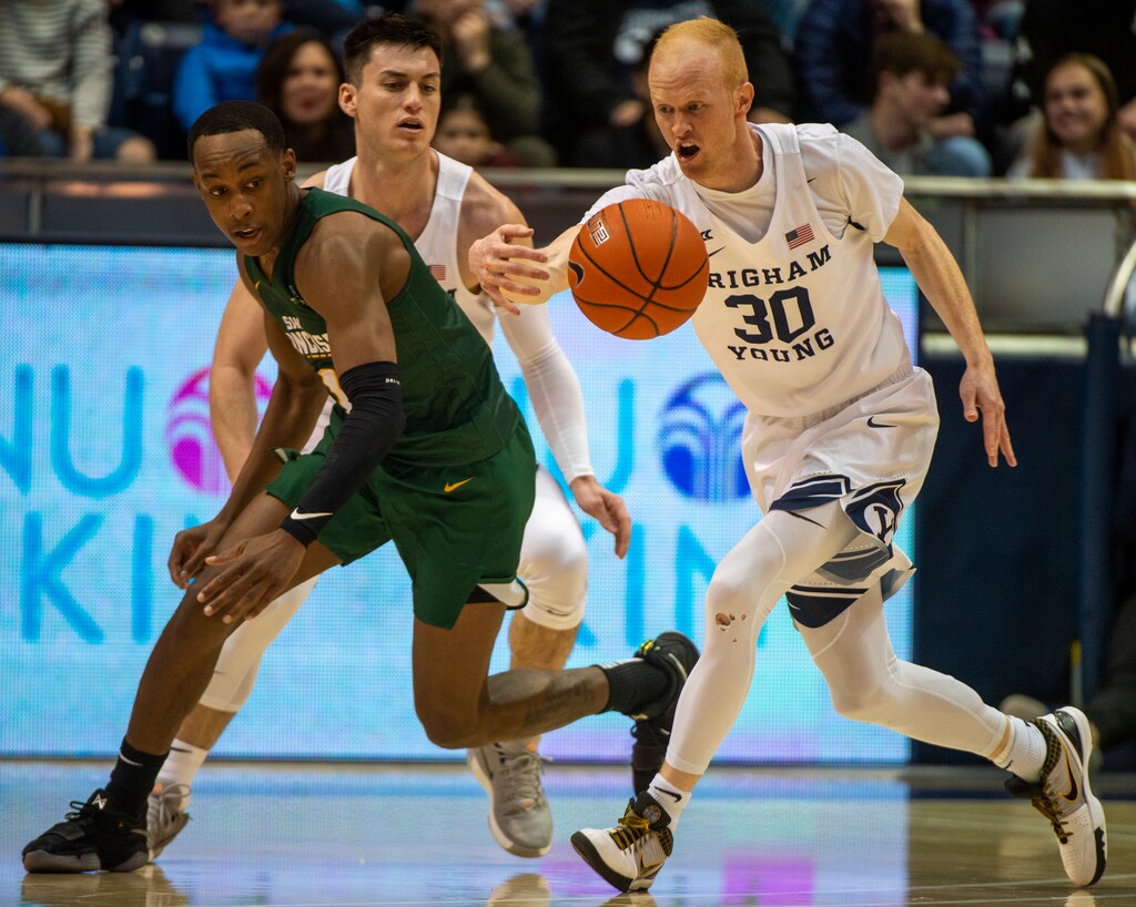 (Rick Egan  |  The Salt Lake Tribune)     San Francisco Dons guard Jamaree Bouyea (1) has the ball picked off by Brigham Young Cougars guard TJ Haws (30), in West Coast Conference basketball acton between the Brigham Young Cougars and the San Francisco Dons, at the Marriott Center, Saturday, Feb. 8, 2020.
