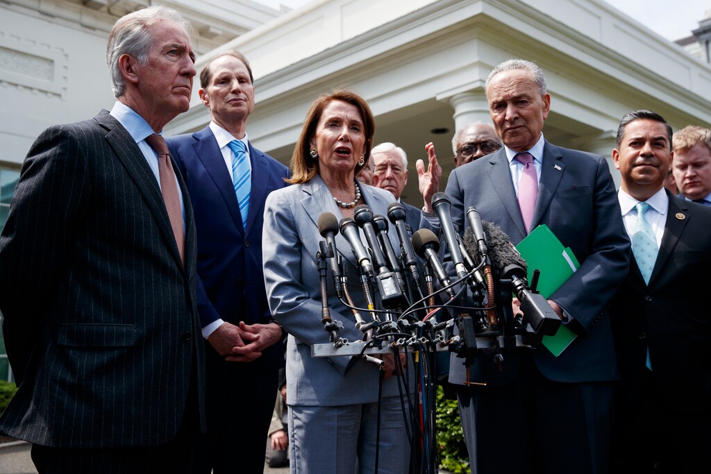 (Evan Vucci | The Associated Press) Speaker of the House Nancy Pelosi of Calif., talks with reporters after meeting with President Donald Trump about infrastructure, at the White House, Tuesday, April 30, 2019, in Washington.