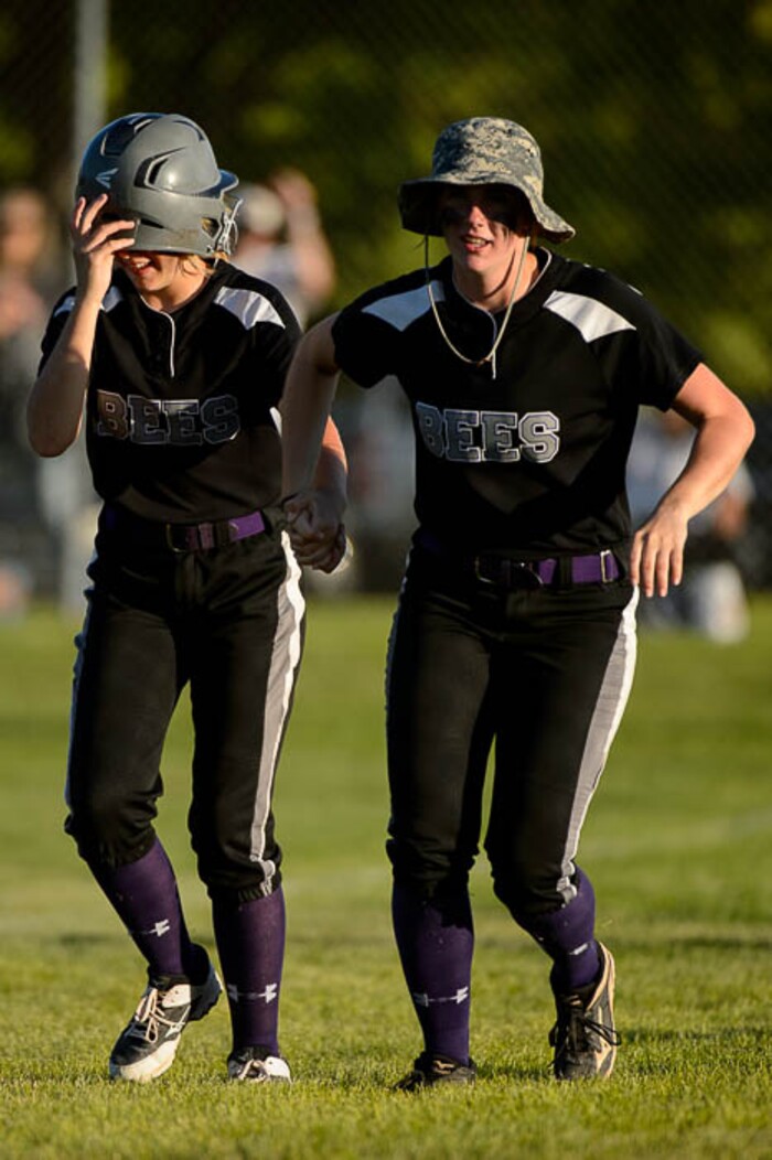 (Trent Nelson | The Salt Lake Tribune)  Box Elder beats Bountiful High School in the 5A Softball State Championship game, Thursday May 24, 2018. Box Elder's Kaitlyn White (3) and Box Elder's Olivia Griffin (11) warm up.