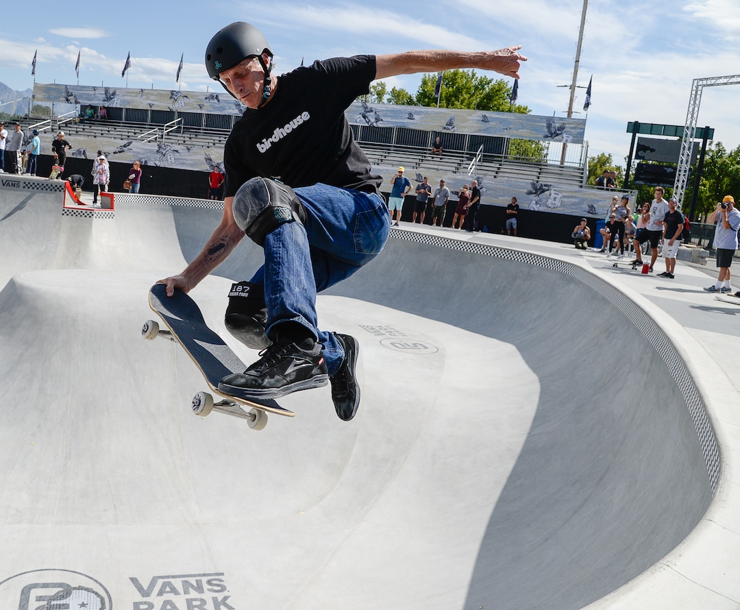 (Francisco Kjolseth  |  The Salt Lake Tribune)  Skate legend Tony Hawk delights the crowd as he drops in for a round of tricks along with other pro skaters gathered for a community skate and first look of the new Vans - Utah Sports Commission Skatepark at the Utah State Fairpark on Tuesday, Sept. 3, 2019.
