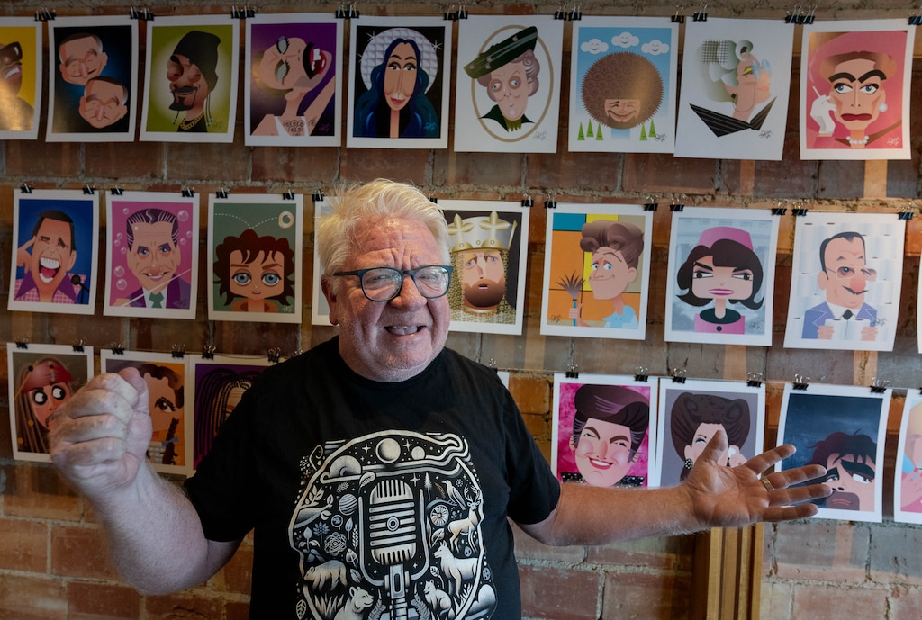 (Francisco Kjolseth | The Salt Lake Tribune) Scott Perry, a graphic designer and artist who worked for Salt Lake magazine as their art director, visits the Coffee Garden in Salt Lake City on Monday, August 12, 2024, where 100 of his colorful portraits are on display.