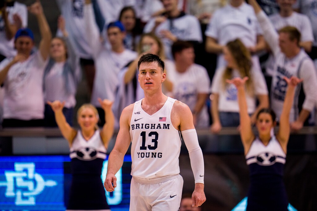 (Trent Nelson  |  The Salt Lake Tribune) Brigham Young Cougars guard Alex Barcello (13) as BYU hosts San Diego State, NCAA basketball in Provo on Friday, Nov. 12, 2021.
