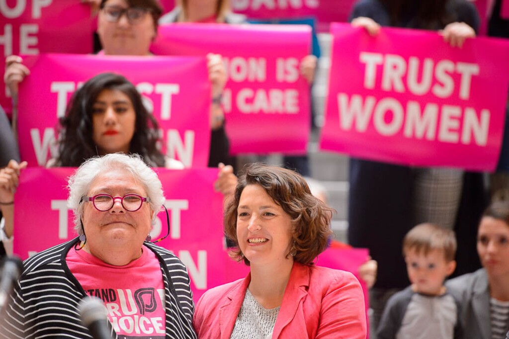 (Trent Nelson | The Salt Lake Tribune)
Karrie Galloway, Planned Parenthood Association of Utah, and Leah Farrell, ACLU of Utah, at a news conference on Utah's pending 18-week abortion ban, at the Utah Capitol in Salt Lake City on Wednesday April 10, 2019.