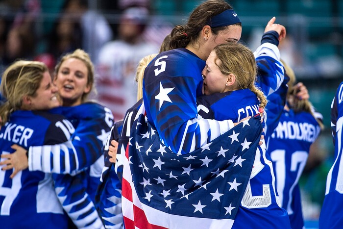 (Chris Detrick  |  The Salt Lake Tribune) United States defenseman Megan Keller (5) and United States forward Kendall Coyne (26) hug after winning the Women's Gold Medal Game at Gangneung Hockey Centre during the Pyeongchang 2018 Winter Olympics Thursday, Feb. 22, 2018. United States defeated Canada 3-2 in a shootout victory. 