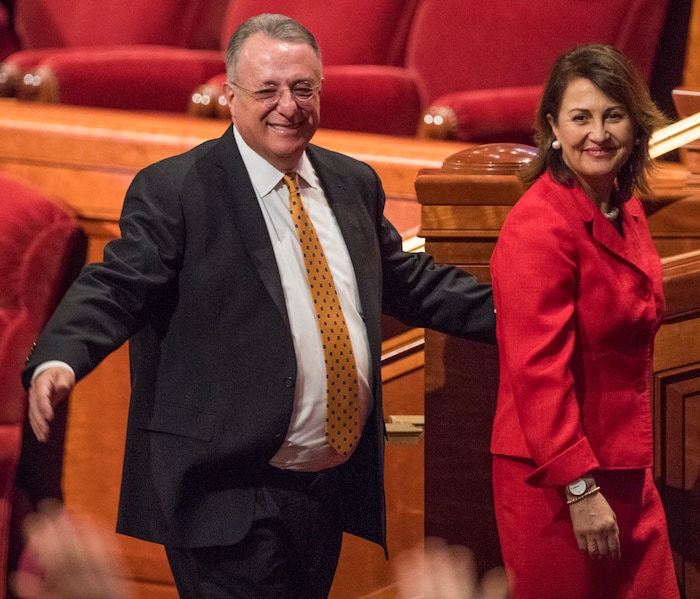 (Rick Egan  |  The Salt Lake Tribune)          Newly called Apostle, Elder Ulisses Soares waves to the crowd as he and his wife, Sister Rosana Soares, leave the stand, after the Saturday morning session of the188th Annual General Conference in Salt Lake City, Saturday, March 31, 2018.
