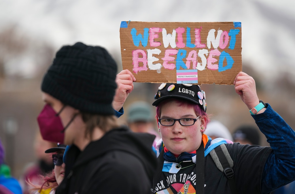 (Bethany Baker  |  The Salt Lake Tribune) Hayden Hawthorne, who identifies as a transgender man, holds a sign during the Rally for Trans Community Support at the Capitol in Salt Lake City Friday, Jan. 24, 2025.