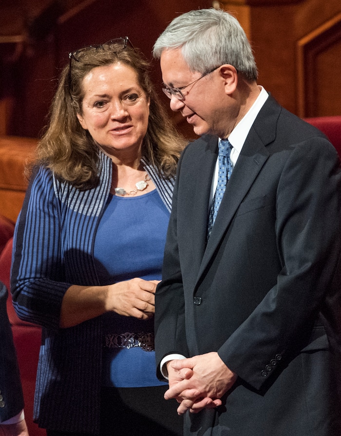 (Rick Egan  |  The Salt Lake Tribune)          Newly called Apostle, Elder Gerrit W. Gong with his wife, Sister Susan Gong, after the Saturday morning session of the188th Annual General Conference in Salt Lake City,  Saturday, March 31, 2018.