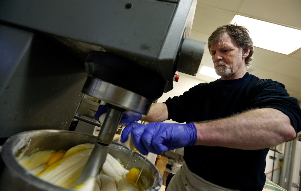 (Brennan Linsley  |  AP Photo) In this March 10, 2014 file photo, Masterpiece Cakeshop owner Jack Phillips cracks eggs into a cake batter mixer inside his store in Lakewood, Colo. The Supreme Court is taking on a new clash between gay rights and religion in a case about a wedding cake for a same-sex couple in Colorado. The justices said Monday, June 26, 2017, they will consider whether a baker who objects to same-sex marriage on religious grounds can refuse to make a wedding cake for a gay couple.