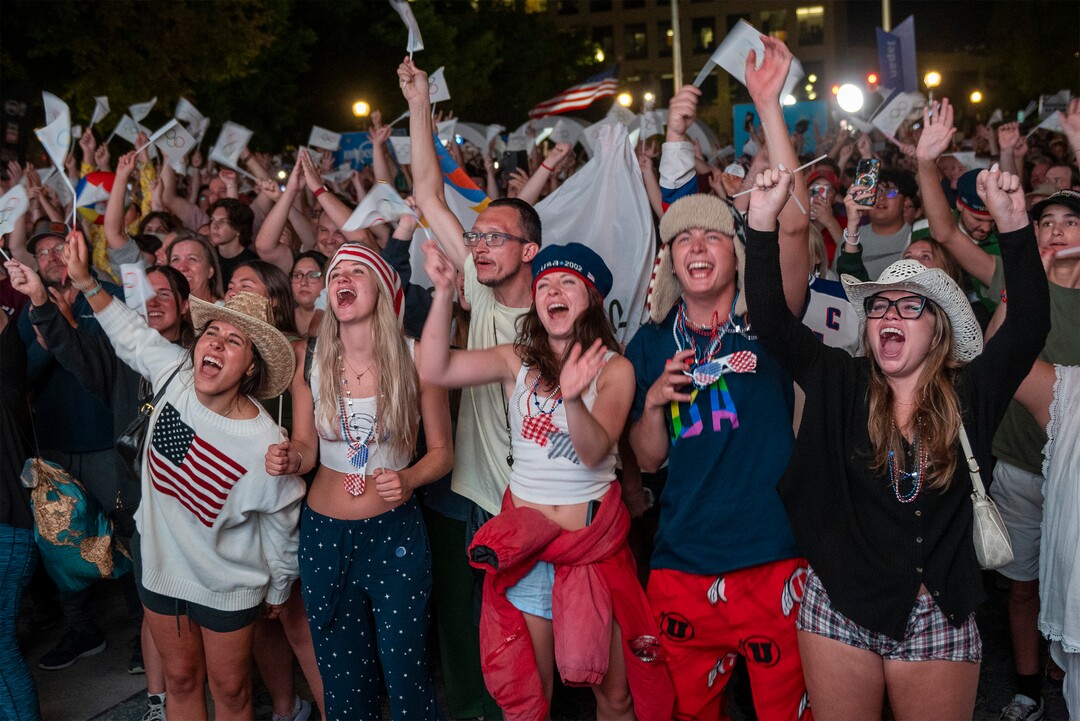(Rick Egan | The Salt Lake Tribune)  Crowds cheer as Salt Lake City is announced as hosts for the 2034 Winter Olympics at Salt Lake City Hall, Wednesday, July 24, 2024.