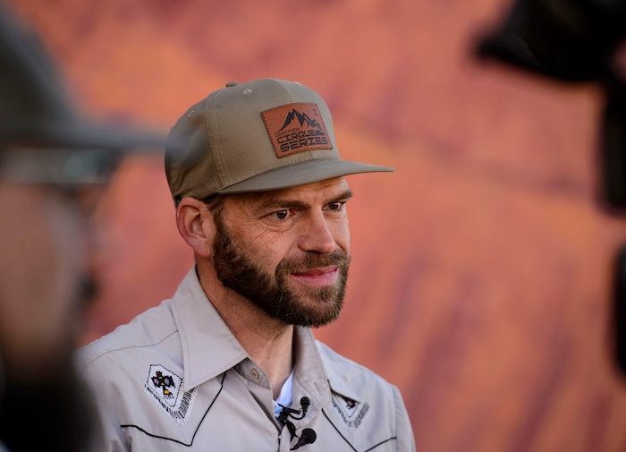(Steve Griffin  |  The Salt Lake Tribune) Utah graphic artist Josh Scheuerman stands in front of his mural of landscapes from Bears Ears National Monument during a dedication ceremony on 800 south near 300 west in Salt Lake City on Friday, Nov. 24, 2017.