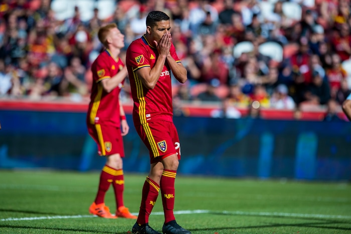 (Chris Detrick  |  The Salt Lake Tribune)  Real Salt Lake midfielder Luis Silva (20) reacts after missing an attempt on goal during the game at Rio Tinto Stadium Sunday, October 22, 2017.  
