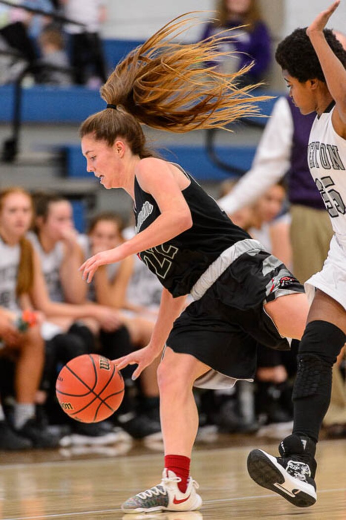 (Trent Nelson | The Salt Lake Tribune)  American Fork's Jamie Shepherd (22) defended by Riverton's Makenzie McCombs (35) as Riverton faces American Fork in the 6A High School Girls' Basketball Tournament at SLCC in Taylorsville, Tuesday Feb. 20, 2018.