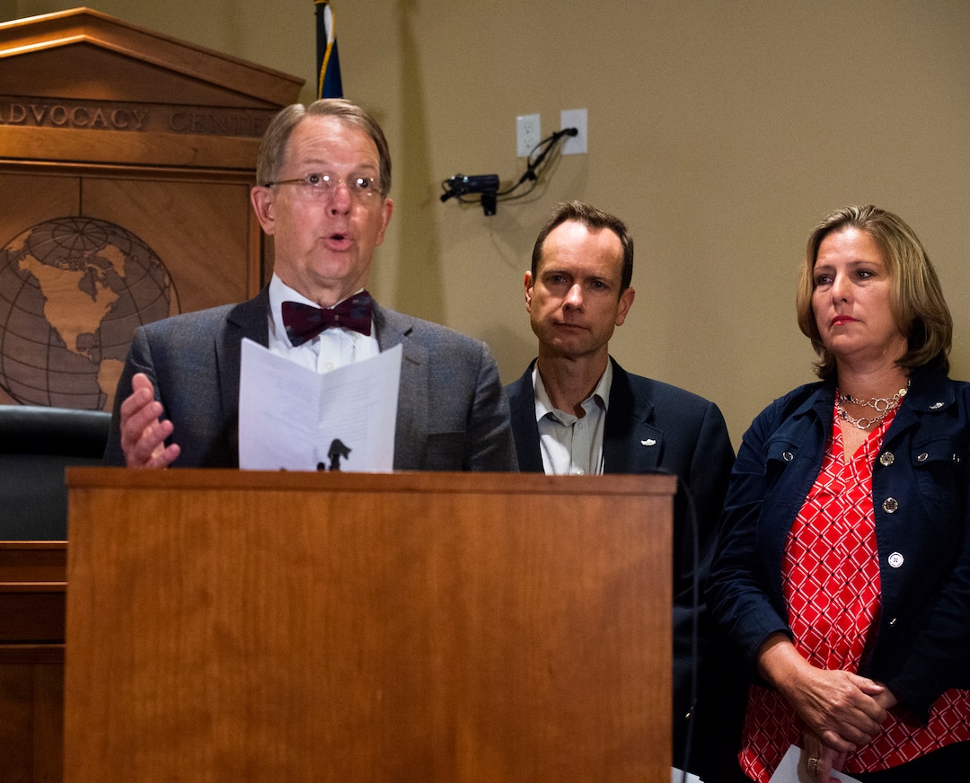 (Rick Egan | The Salt Lake Tribune) Matt McCluskey and his wife Jill listen as Jim McConkie talks about the lawsuit, during a news conference Thursday, June 27, 2019, following the filing of a lawsuit against the University of Utah for $56 million, alleging campus police could have done more to prevent the murder of their daughter Lauren.