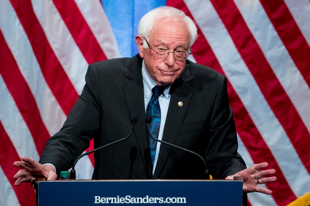 Democratic presidential candidate Sen. Bernie Sanders, I-Vt., gestures while speaking at George Washington University in Washington, Wednesday, June 12, 2019, on his policy of democratic socialism, the economic philosophy that has guided his political career. (AP Photo/Andrew Harnik)