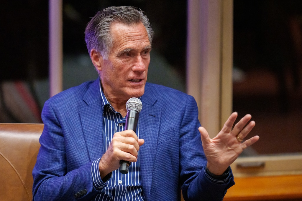 (Trent Nelson  |  The Salt Lake Tribune) Mitt Romney speaks at the Stein Eriksen Lodge in Park City on Tuesday, Oct. 10, 2023.