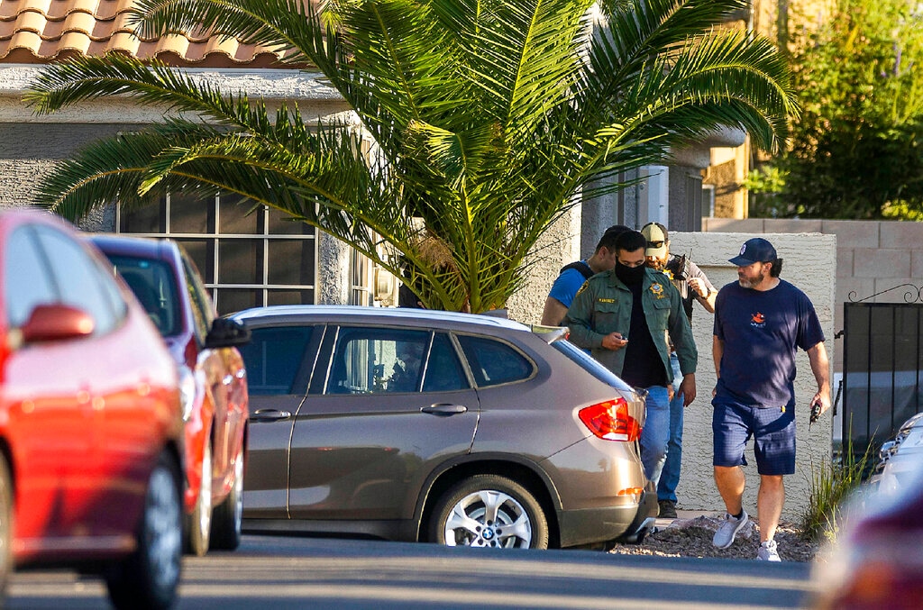 (L.E. Baskow | Las Vegas Review-Journal via AP) Metro Officers depart the home of Robert Telles on Wednesday, Sept. 7, 2022, in Las Vegas. Authorities served search warrants at Telles home on Wednesday, Sept. 7, 2022, in connection with the fatal stabbing of Las Vegas Review-Journal investigative reporter Jeff German.