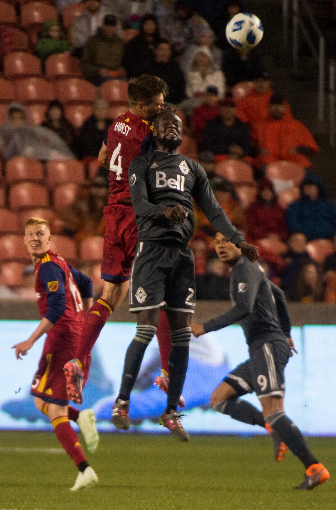 Rick Egan  |  The Salt Lake Tribune)        Real Salt Lake defender David Horst (4) goes for the ball along with Vancouver Whitecaps forward Kei Kamara (23), in MLS action at Rio Tinto Stadium, Saturday, April 7, 2018.
