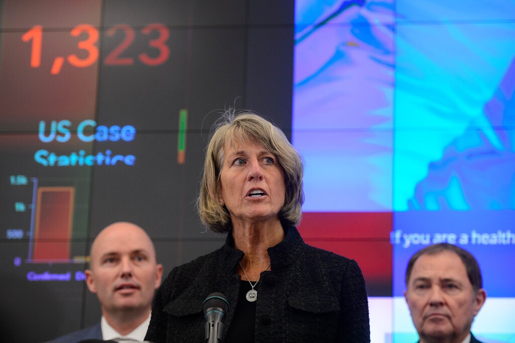 (Trent Nelson | The Salt Lake Tribune) Noelle Cockett, president of Utah State University, speaks at a news conference in the state's Emergency Operations Center on Thursday, March 12, 2020 addressing the current state of COVID-19 in Utah. Results from the Utah Board of Higher Education's independent investigation into discriminatory remarks allegedly made by Cockett about then-interim head coach Frank Maile are expected to be released Friday.