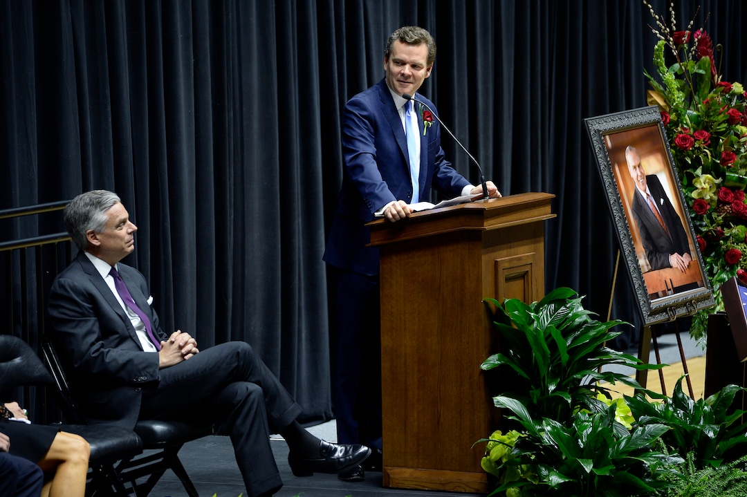 Scott Sommerdorf | The Salt Lake TribunePeter Huntsman speaks at the funeral services for Jon M. Huntsman, Sr., Saturday, February, 10, 2018. 