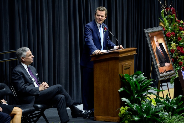Scott Sommerdorf | The Salt Lake Tribune
Peter Huntsman speaks at the funeral services for Jon M. Huntsman, Sr., Saturday, February, 10, 2018. 
