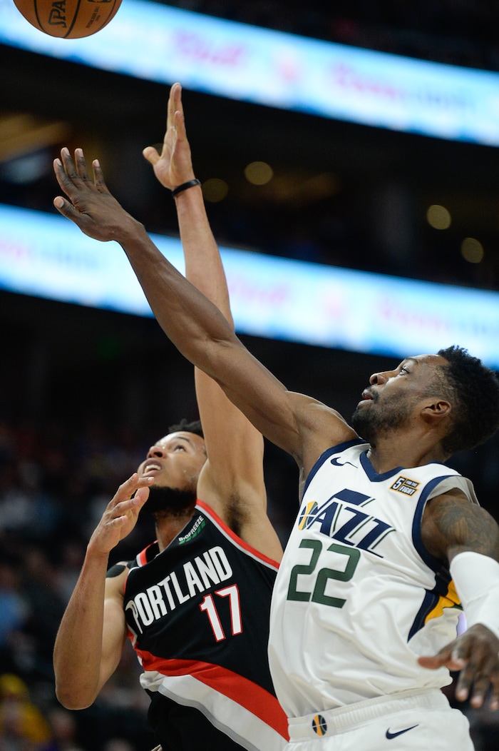 (Francisco Kjolseth  |  The Salt Lake Tribune)  Portland Trail Blazers forward Skal Labissiere (17) goes up against Utah Jazz forward Jeff Green (22) as the Utah Jazz host the Portland Trailblazers in their NBA basketball game at Vivint Smart Home Arena in Salt Lake City on Wed. Oct. 16, 2019.